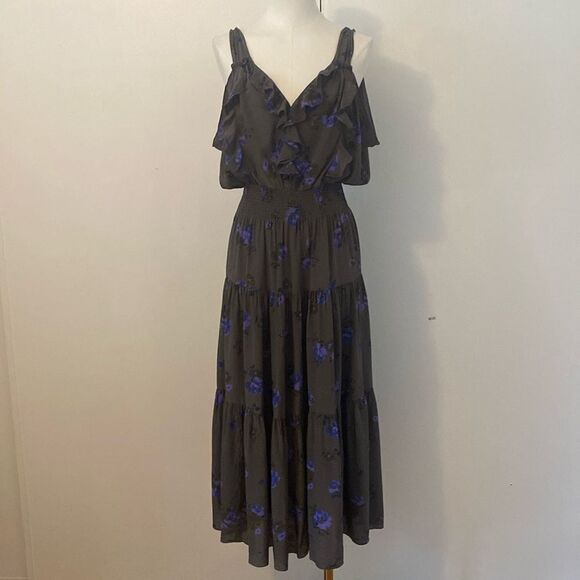 Rebecca Taylor Gray Silk Floral Maxi Dress Size 8 - Picture 2 of 12